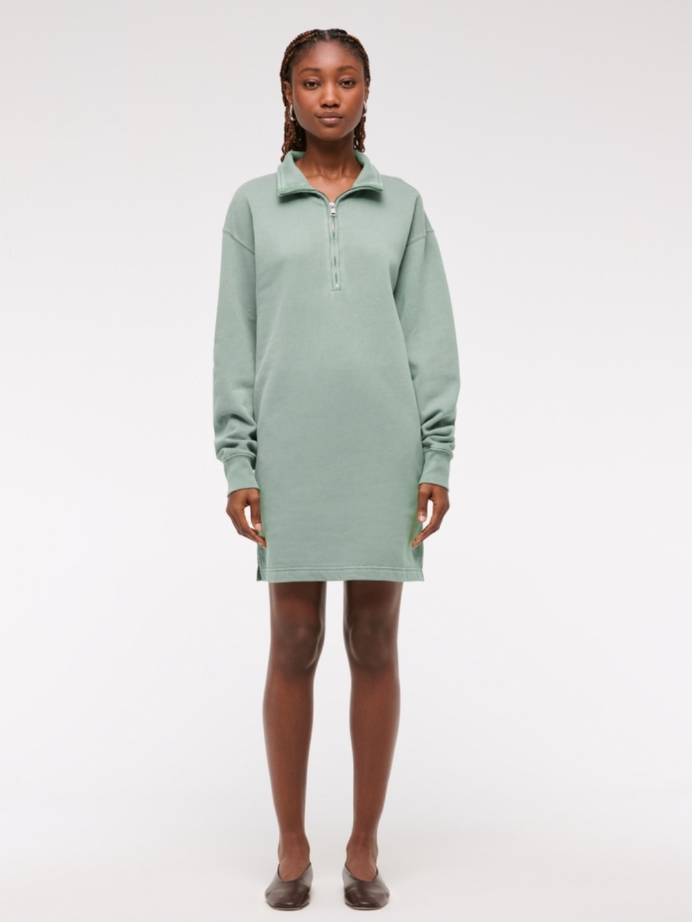 Abercrombie & Fitch Sage Green Long-Sleeve Half-Zip Mini Dress